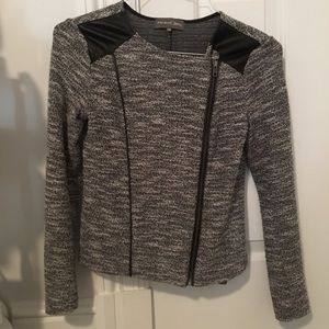 Work sweater, grey with black leather accents
